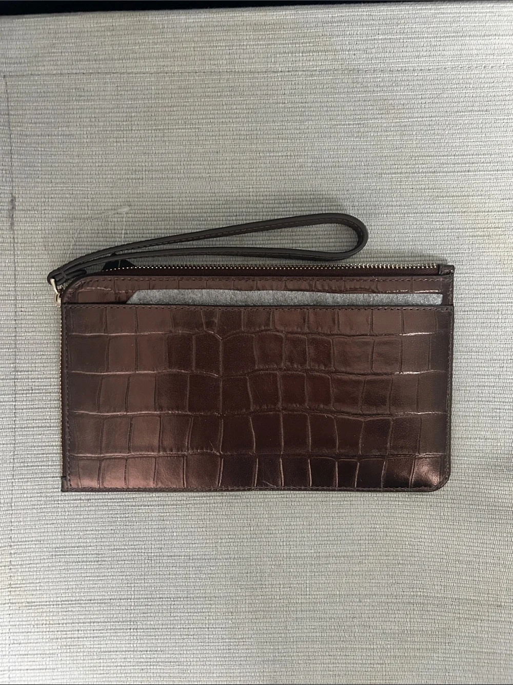 kate spade dark brown croc-embossed wristlet clutch